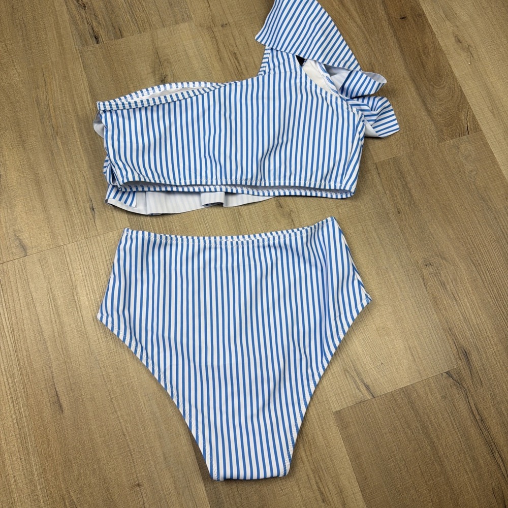 Women's Bikini Set Small NWOT Blue White Stripe One Shoulder Ruffle High Waist - Picture 5 of 7